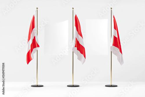 Austriaup 3D Flags on Pole Stand Pedestal Realistic Set and White Background