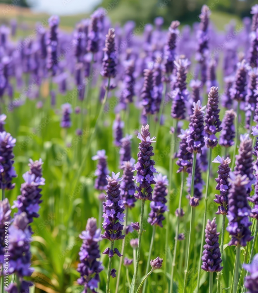 Naklejka premium Rows of purple lavender flowers sway gently in a summer breeze, france, essential oil