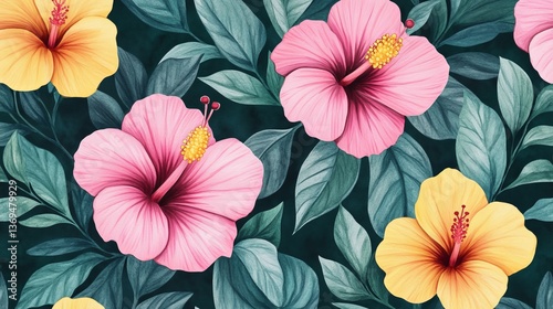 Wallpaper Mural Hibiscus Bloom Pattern Tropical Flora, Watercolor Style ,Floral, Pattern Torontodigital.ca