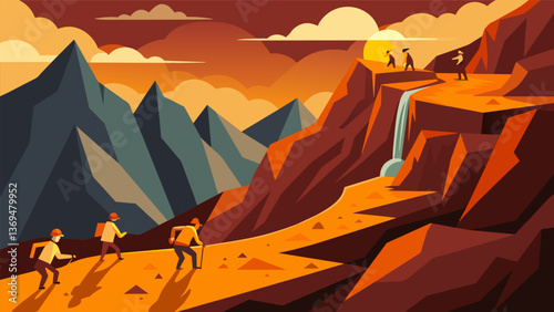 A rugged mountainous terrain where a team of miners navigate treacherous cliffs and steep slopes in search of uranium.. Vector illustration