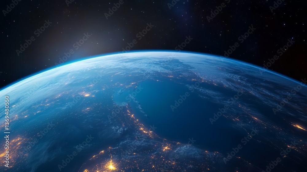 Fototapeta premium Earth From Space City Lights and Blue Aura, Atmosphere, Night ,Planets