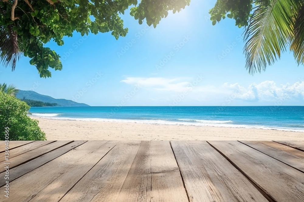Fototapeta premium Wooden floors and ocean backdrop Suitable for a beach use. The beauty of nature