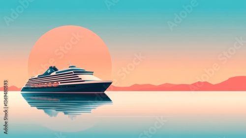 Cruise Ship at Sunset, Illustration,Travel, Vacation