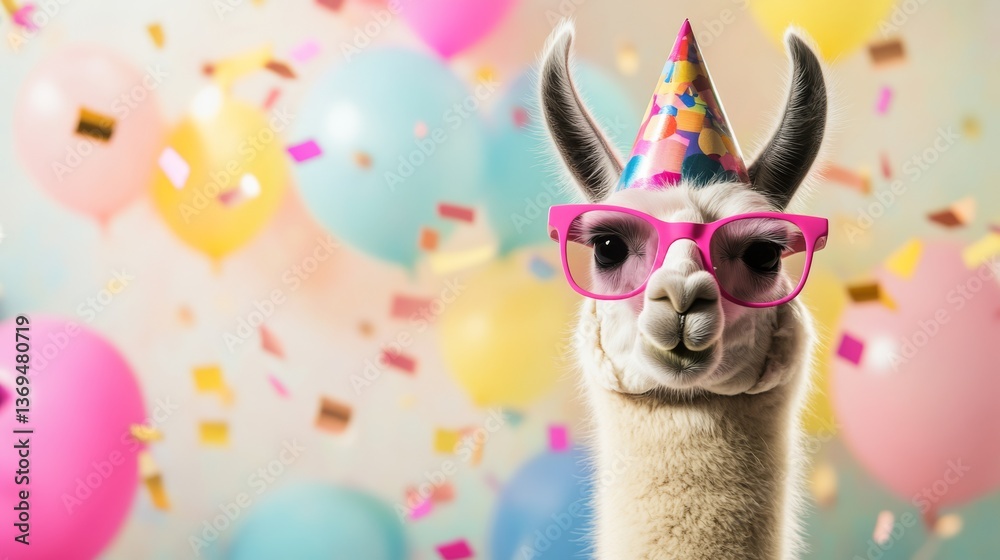 Fototapeta premium Close-up Party Llama Portrait with Balloons and Confetti, Celebrations, Animals