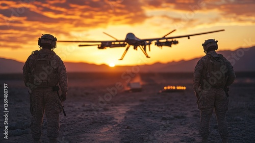 Military drone launch at sunset in desert