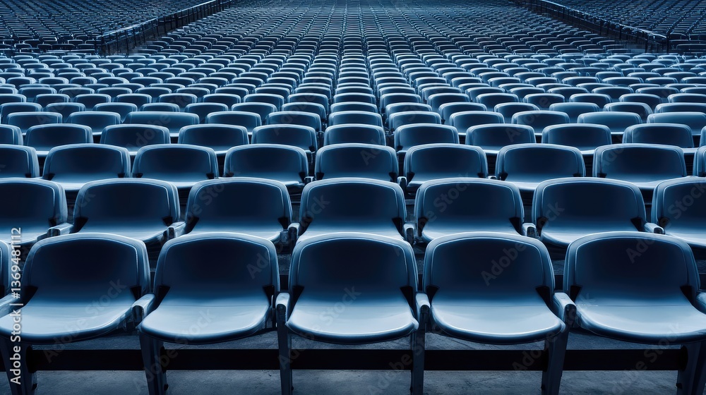Naklejka premium Empty bleachers in a large stadium, with vast, open space and clean lines of seating, offering a modern, architectural feel.