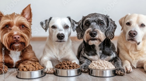 Four dogs lined up eagerly in front of stainless steel bowls filled with different types of dog food, showcasing anticipation and variety.