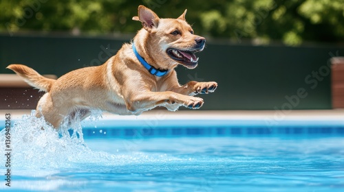 A dog gleefully leaps into a pool on a sunny day, water splashing around as it exhibits pure joy and excitement.