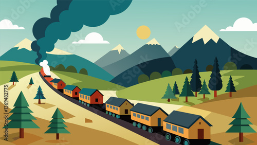 A trail of black smoke can be seen from afar as a coal train slowly makes its way through a quaint rural village.. Vector illustration