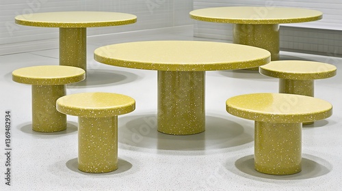 Several modern small round tables of varying sizes in a setting
