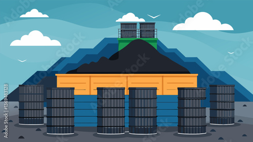 A stack of sealed containers filled with coal ash sits in a warehouse awaiting transportation to a designated landfill.. Vector illustration