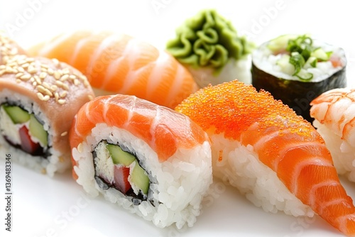 A high-resolution image of sushi with delicate rice texture and glistening fresh fish, isolated on a white background for food menu design.