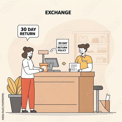 Vector illustration of a customer exchanging an item at a store counter. Depicts retail, returns, and customer service. Clean, modern design.