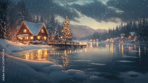 Snowy winter scene, illuminated houses, calm lake.