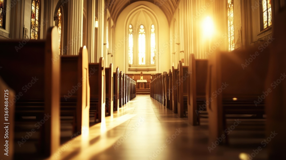 Fototapeta premium The smooth wooden pews and intricate details of a church aisle, with sunlight filtering through high windows and creating a calm ambiance.