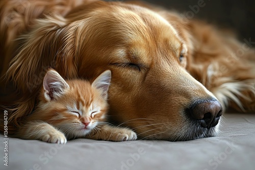 A sleeping orange kitten cuddled closely next to a dog