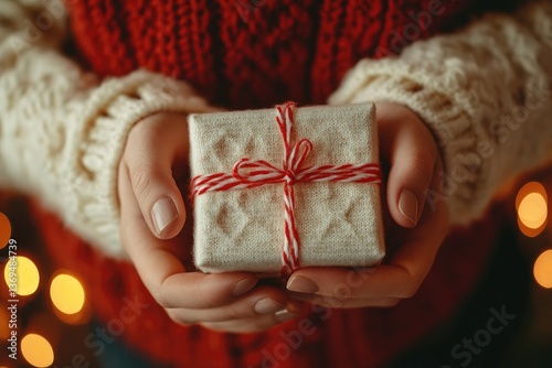 Hands in a Knitted Sweater Holding Gift Present Box Christmas Holidays Preparation Concept