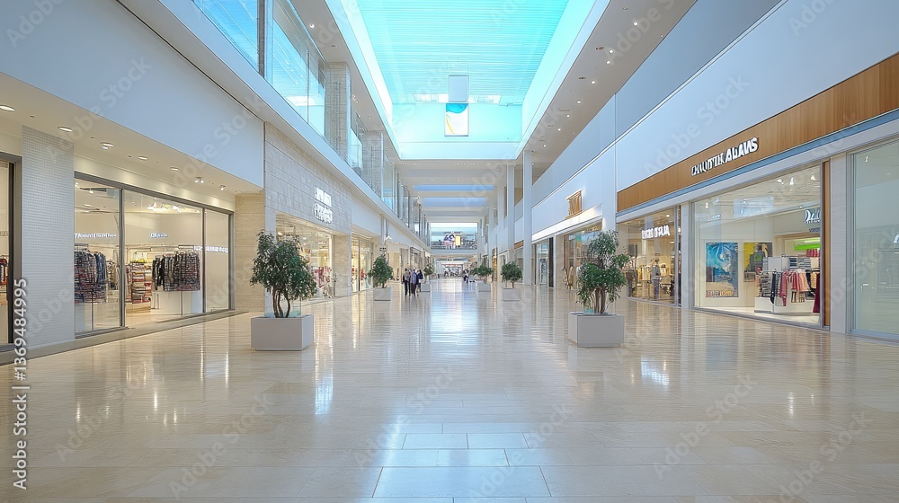 Wide-angle view of an empty shopping mall with modern architecture, clean floors, and spacious walkways leading to various retail sections.