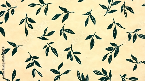 Dark green leaves scattered randomly on a warm cream background