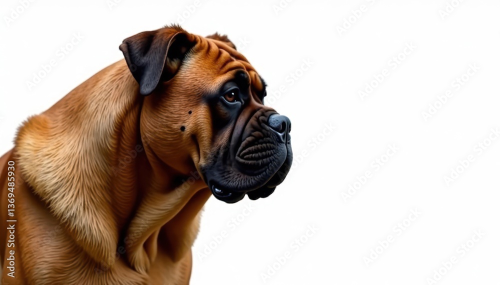 Fototapeta premium Imposing mastiff profile, intense gaze, pure white backdrop, profile, studio