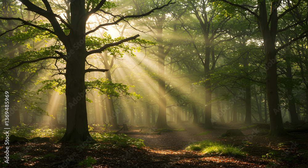 Obraz premium Sunlight Streams Through Forest Canopy