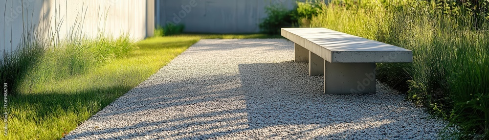 Obraz premium Minimalist concrete framework casting long shadows on a gravel path, architectural composition