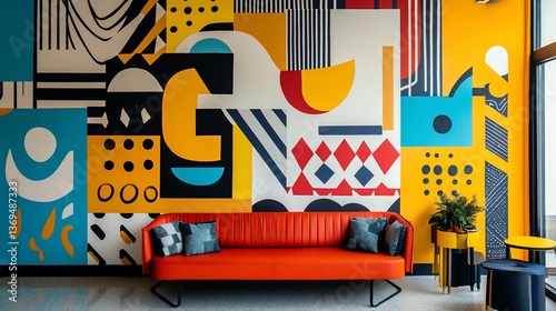 Vibrant colorful modern interior design with bold abstract wall art and orange sofa.