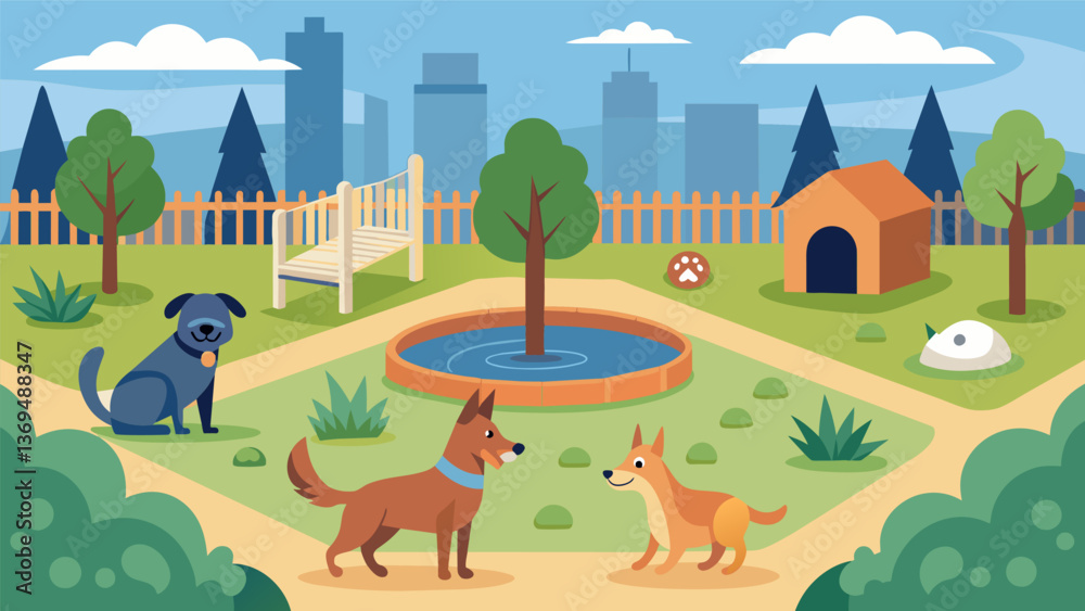 Naklejka premium A new dog park has been established within the park providing a fencedin area for dogs to run play and socialize.. Vector illustration