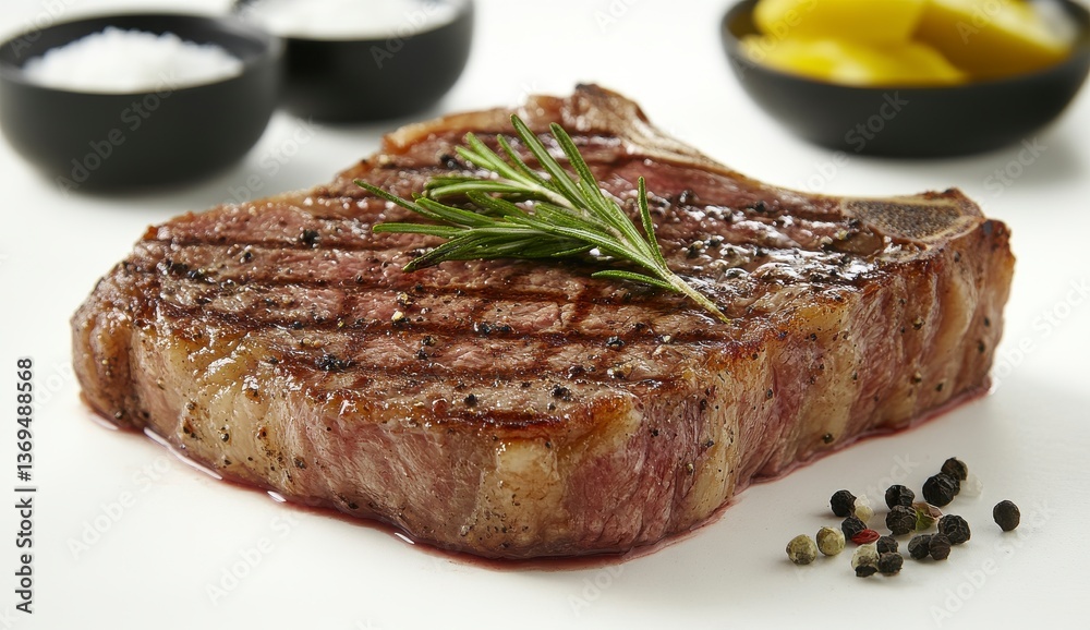 Delicious Grilled Beefsteak Garnished with Rosemary on White Surface With Salt and Yellow Pickles in the Background Delicious Grilled Beefsteak Garnished with Rosemary on White Surface With Salt and Yellow Pickles in the Background