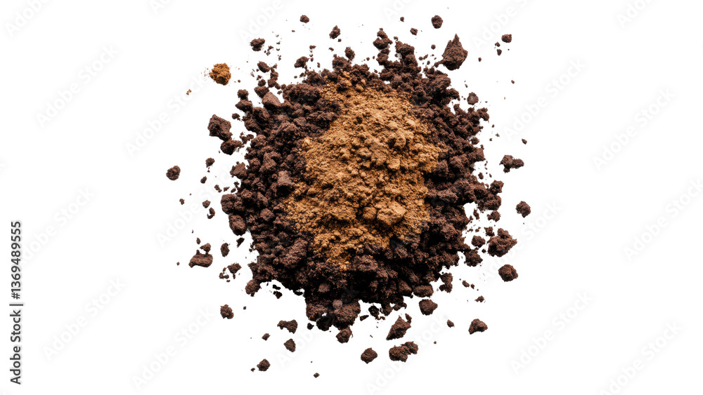 Png of Brown coffee grounds scattered on a surface, showcasing texture and rich color, ideal for brewing enthusiasts on transparent background. Png of Brown coffee grounds scattered on a surface, showcasing texture and rich color, ideal for brewing enthusiasts on transparent background.