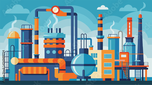 A steel refinery boasting a complex web of hightech heat exchangers and heat pumps carefully designed to utilize every last scrap of heat generated. Vector illustration