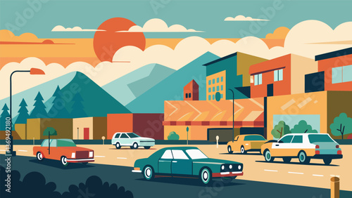 A oncebland parking lot has been given new life with a mural depicting the history of the neighborhood from its early days to the present.. Vector illustration