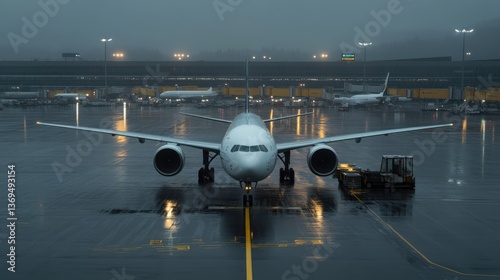 An airplane stands poised on a wet tarmac in the muted evening light of a bustling airport, symbolizing anticipation and the promise of journeys ahead.