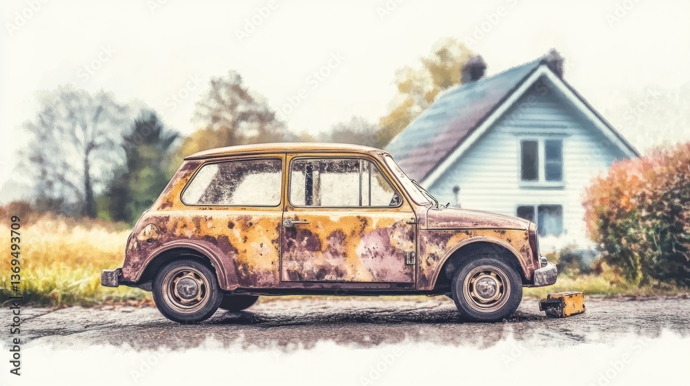 Fototapeta premium Vintage Tin Toy from 1930s in Historical Setting with Rich Details and Sepia-Tone Aesthetic