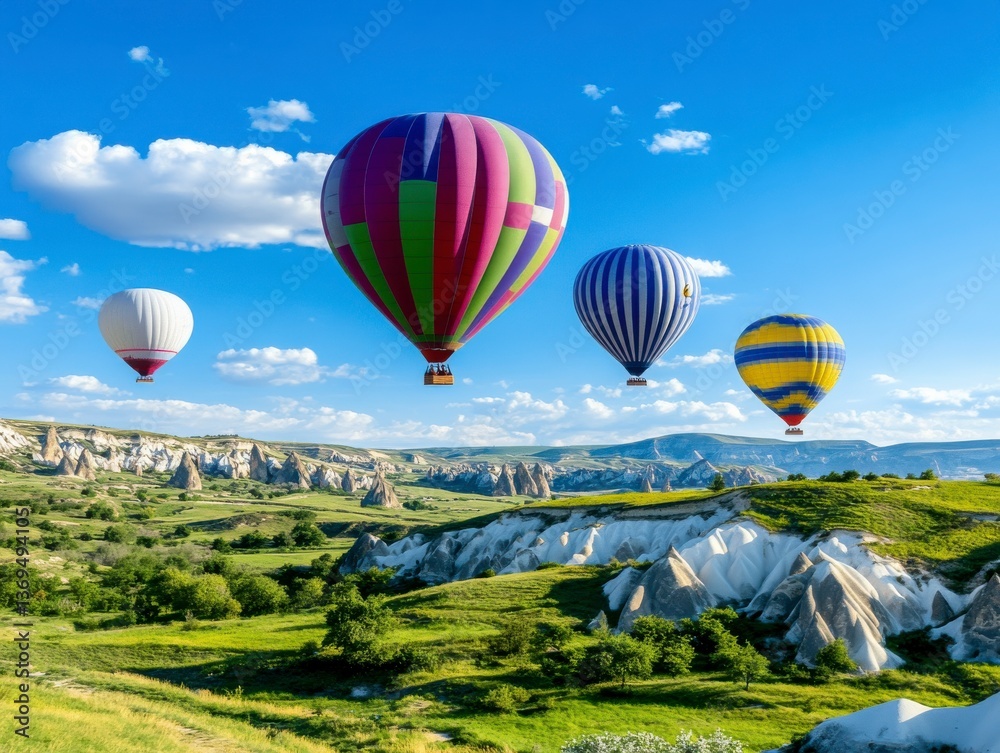 Fototapeta premium Colorful hot air balloons soaring over a scenic green valley under bright