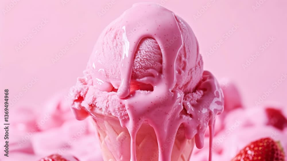 Strawberry ice cream melting on a pink background. Time-lapse of pink ice cream melting