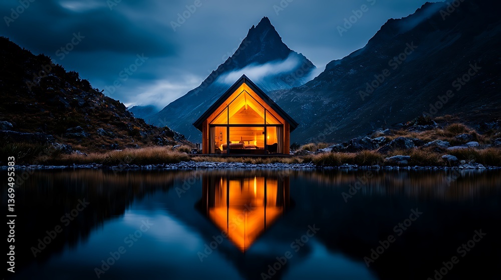 Fototapeta premium Warm cabin glow in majestic mountains at dusk serene reflection on still water