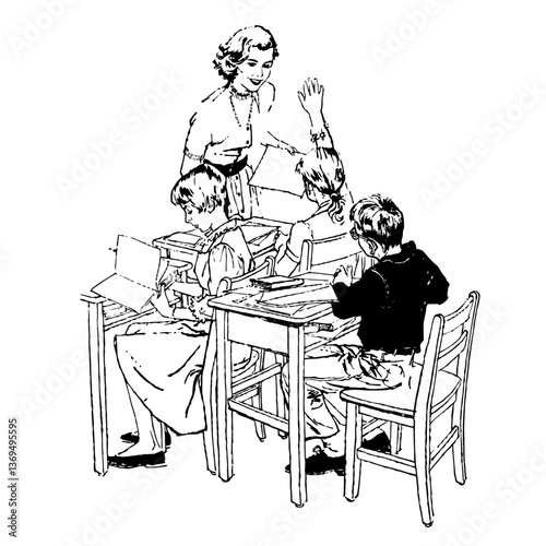 School Teacher in Classes with Children, Vector Illustration in Vintage Timeless Art Style