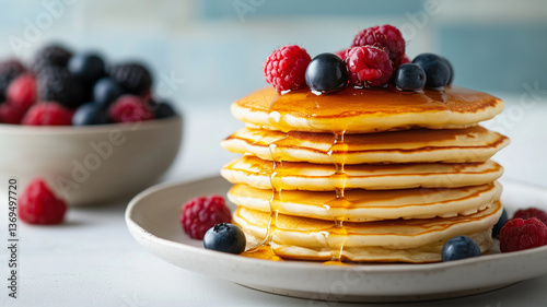 Wallpaper Mural Fluffy pancakes with honey and berries on plate Torontodigital.ca