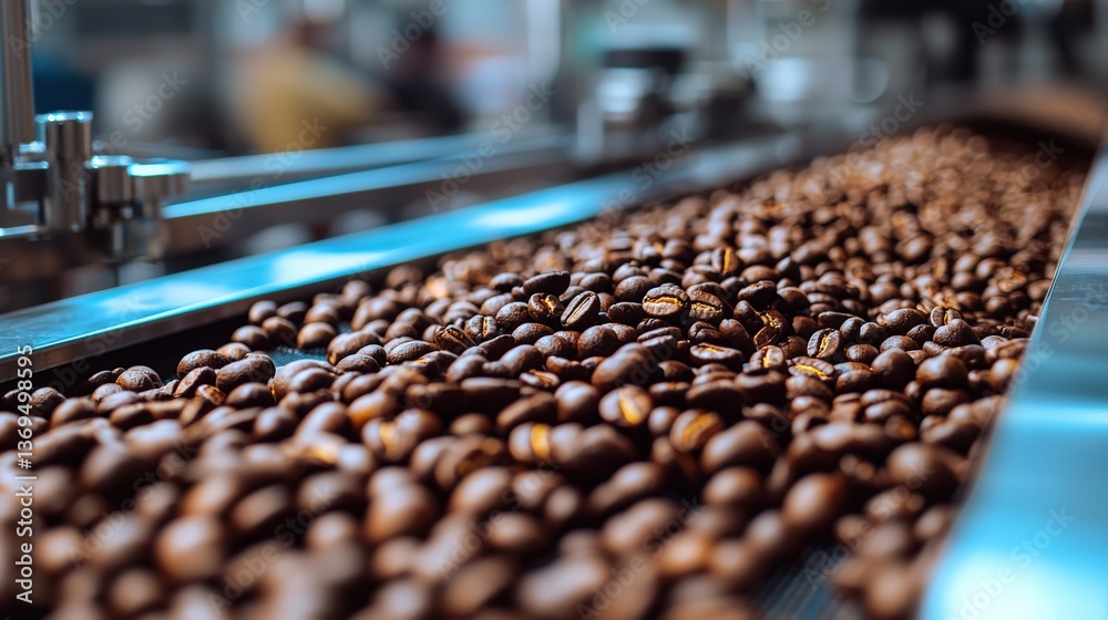 Fototapeta premium Coffee beans on a conveyor belt, highlighting the production process.