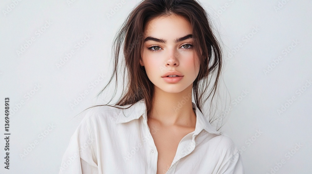 Young Beautiful Brunette Woman in Casual Shirt with Natural Look Young Beautiful Brunette Woman in Casual Shirt with Natural Look