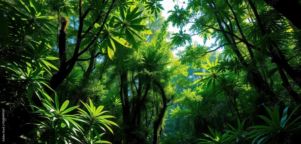 Fototapeta premium Dense emerald canopy, sunlight dappling rainforest floor, wildlife, vibrant, lush