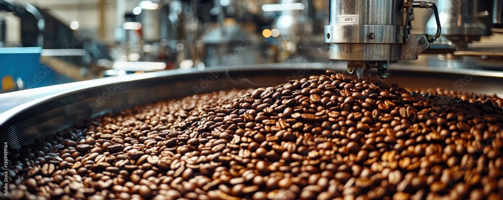 Coffee beans being processed in a modern facility with machinery in the background. Coffee beans being processed in a modern facility with machinery in the background.