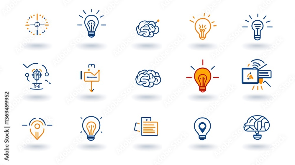 Fototapeta premium A collection of 15 minimalist icons depicting concepts related to focus brainstorming creativity and problem solving designed with a clean