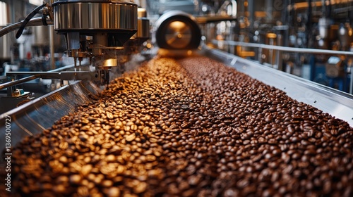 Conveyor belt transporting roasted coffee beans in a processing facility.
