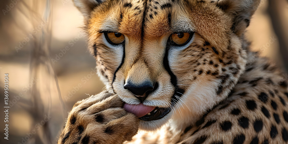 Close-up Portrait of a Cheetah Cleaning its Paw Close-up Portrait of a Cheetah Cleaning its Paw