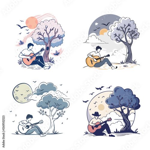 Boy Playing Guitar Under Tree Vector Collection Design