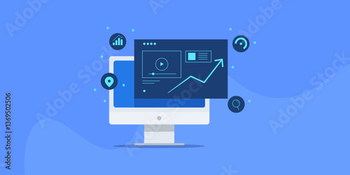 Digital marketing report and content performance analytics KPI metrics on computer screen. Customer reach, engagement and conversion rate tracking with business intelligence app.