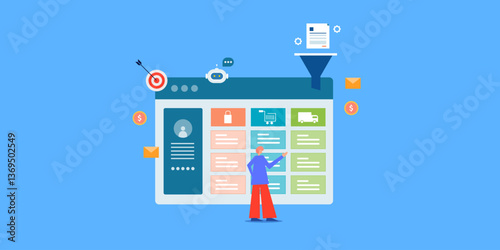 Digital marketing expert operating cloud based lead management and sales funnel software, business IT solution concept. 
