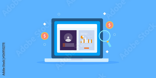 Accounting software on computer screen. Manages financial transaction and monitoring money cash flow, tax payment, display finance report business concept.